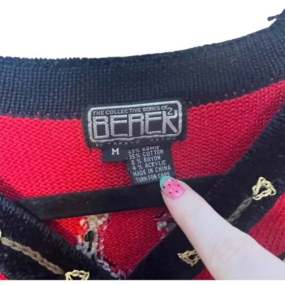 Berek Horse Cardigan Sweater Medium Red Black Trim Equestrian Western Y2K - Picture 5 of 5